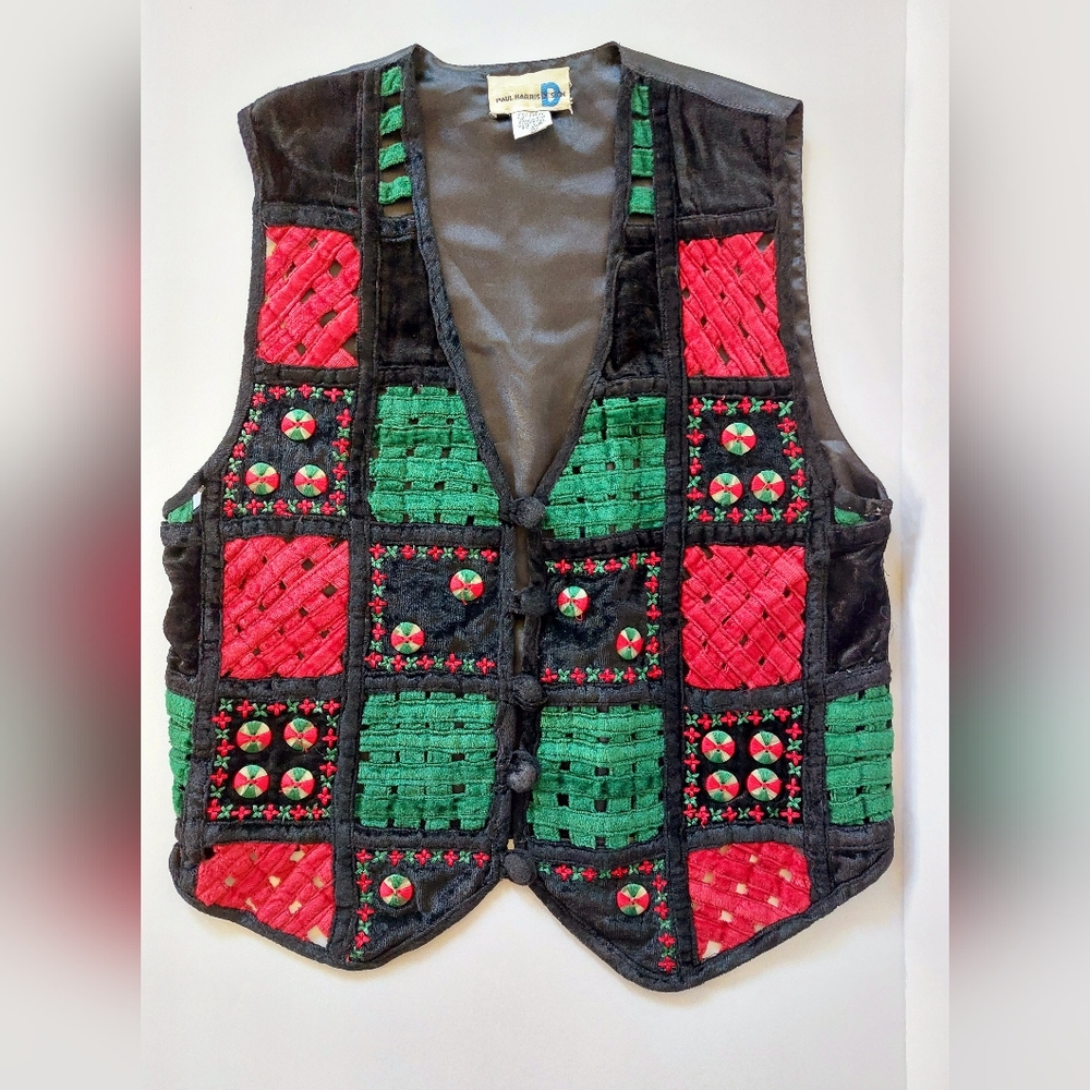 Red, Green, Black Velvet Latice Vest Christmas Medium Paul Harris Holiday Y2k - Picture 6 of 6
